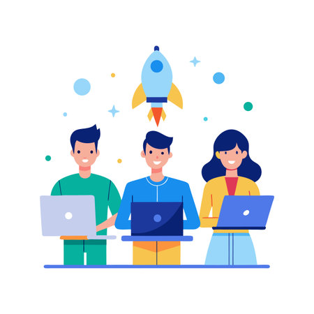Teamwork creating a startup with laptops and a rocketのイラスト素材