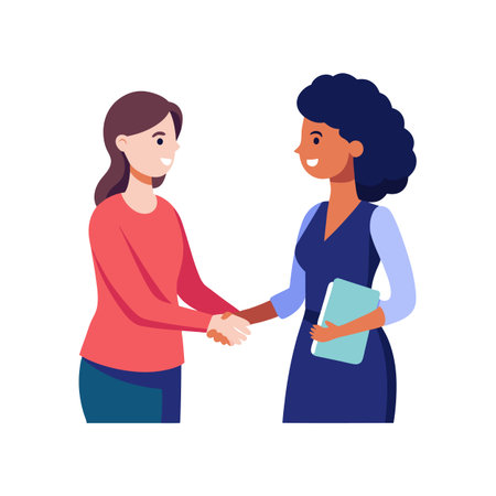 Two businesswomen shaking hands in a flat vector designのイラスト素材