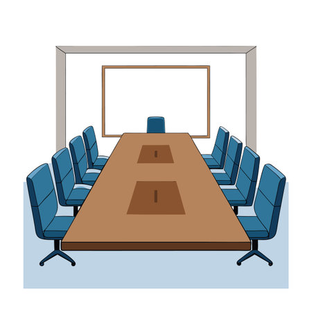 Conference room illustration with long table and blue chairsのイラスト素材