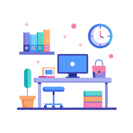 Flat illustration of home office desk with computer setupのイラスト素材