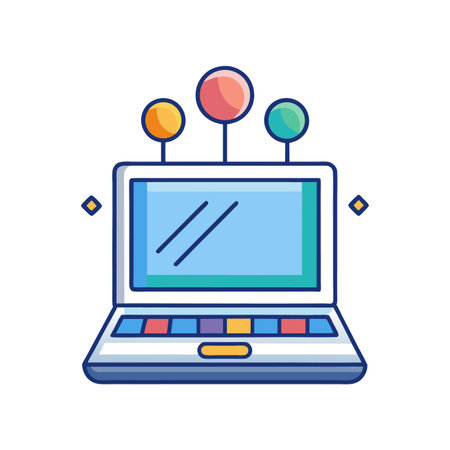 Colorful laptop with connected data nodes information display iconのイラスト素材