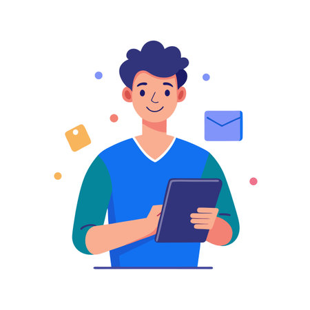 Man using tablet with email and notes vector illustrationのイラスト素材