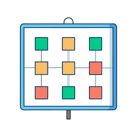 Presentation board displaying colorful flowchart of connected square elementsのイラスト素材