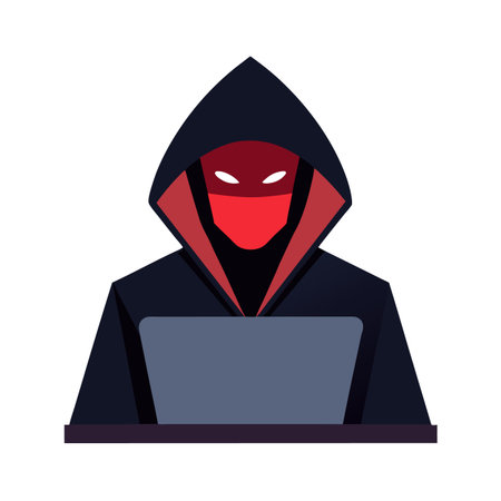 Hooded hacker using laptop flat vector isolated illustrationのイラスト素材