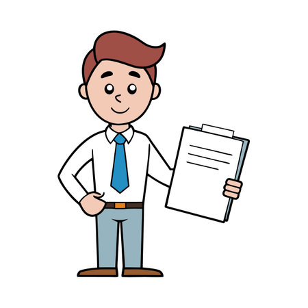 Cartoon businessman holding clipboard presenting information with a smileのイラスト素材
