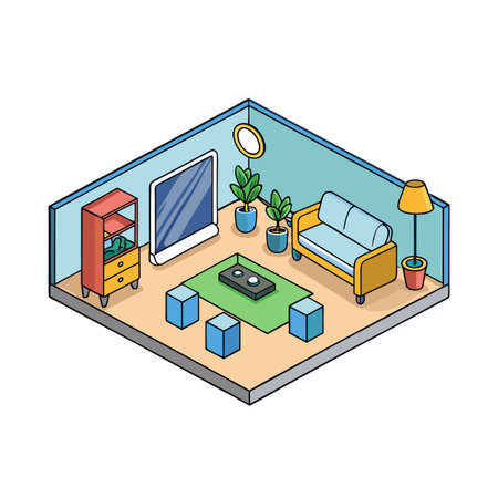 Isometric view of living room with furniture illustration styleのイラスト素材