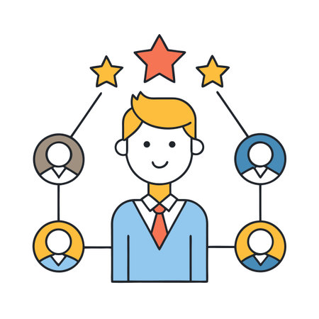 Manager leads team connected by network with stars aboveのイラスト素材
