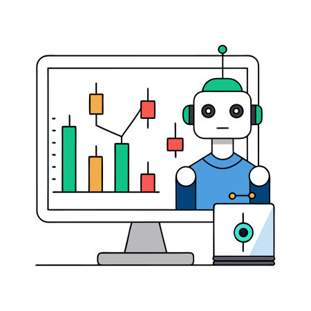 Robot analyzing stock market data displayed on computer screenのイラスト素材