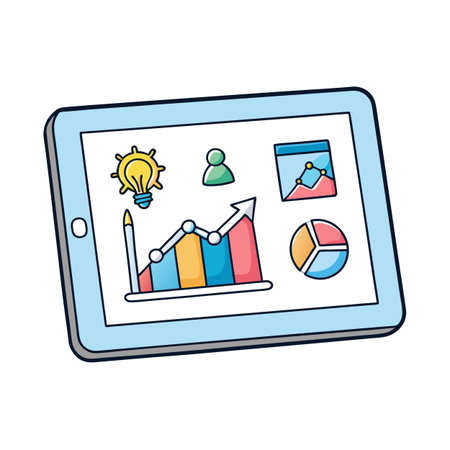 Tablet displaying colorful data graphs, charts and iconsのイラスト素材