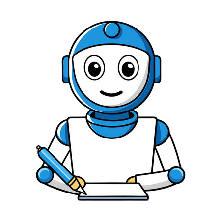 Friendly cartoon robot writing on paper with a pencilのイラスト素材