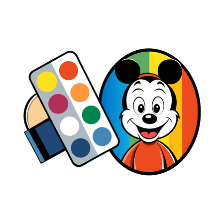 Cartoon mouse character with paints on rainbow background designのイラスト素材