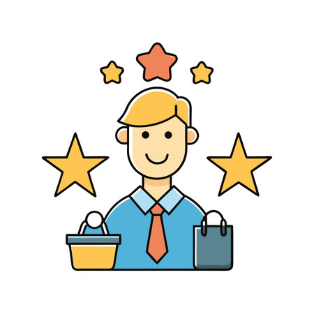 Happy shopper with bags and stars for positive reviewのイラスト素材