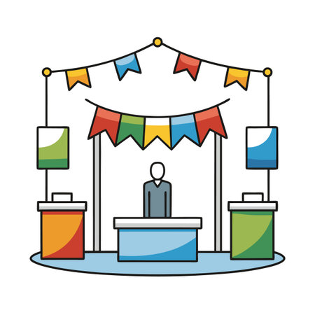 Colorful booth with flags and a person selling goodsのイラスト素材