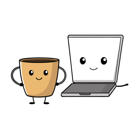 Cartoon Coffee Cup and Laptop Character Illustration on Whiteのイラスト素材