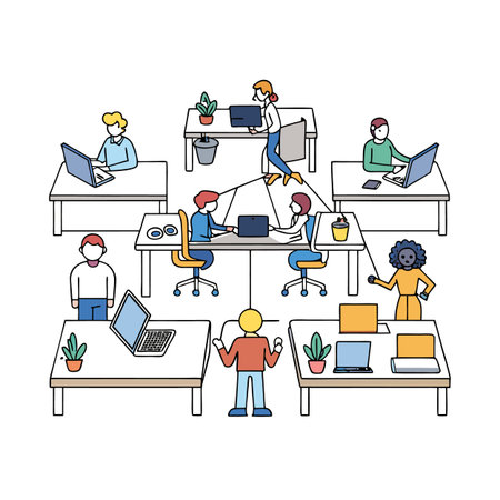 Team collaboration diagram showing people working in office spaceのイラスト素材