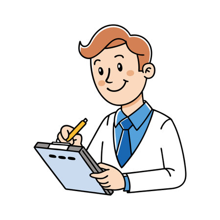 Cartoon Doctor Writing on Clipboard with Pencil stock imageのイラスト素材