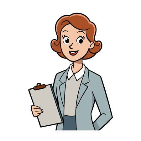 Illustration of smiling professional woman holding clipboard in officeのイラスト素材