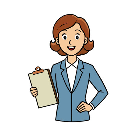 Businesswoman holding clipboard standing in professional attire cartoon illustrationのイラスト素材
