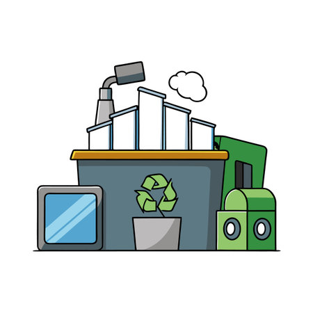 Cartoon recycling plant illustration for environmental awareness conceptsのイラスト素材