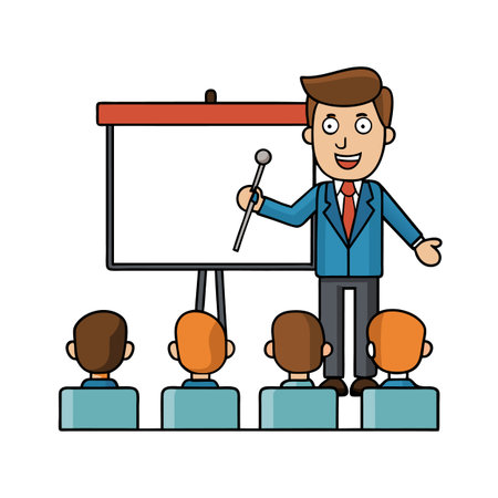 Cartoon businessman presenting to audience with whiteboard illustrationのイラスト素材
