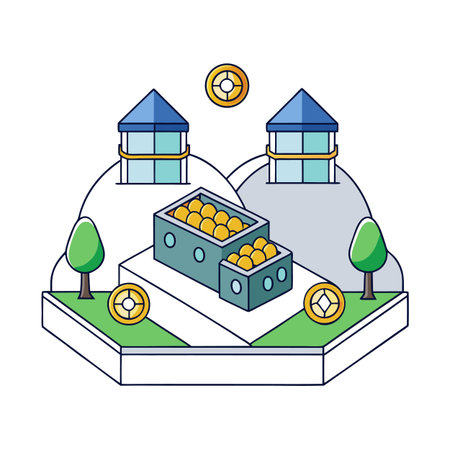 Isometric financial landscape with treasure chest full of coinsのイラスト素材
