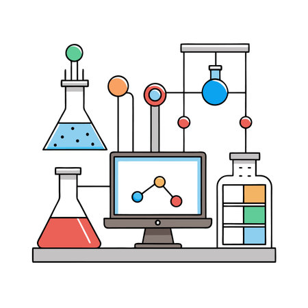 Laboratory setup with beakers and computer screen illustrationのイラスト素材