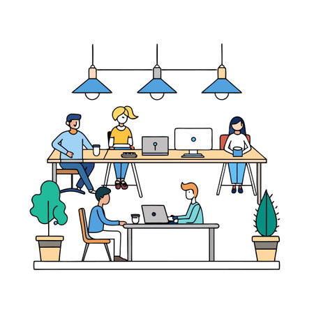 Modern collaborative workspace with team working at a tableのイラスト素材