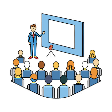 Conference presentation with cartoon presenter and audience membersのイラスト素材