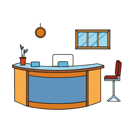 Cartoon reception desk area with window and chairのイラスト素材