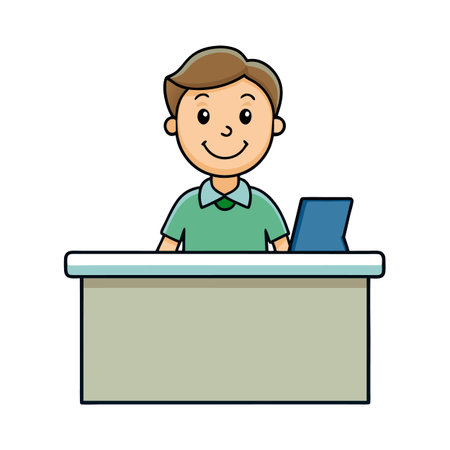 Cartoon man behind desk with computer flat illustrationのイラスト素材