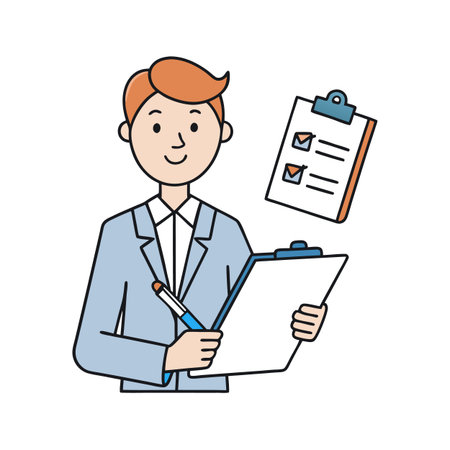 Man with clipboards, taking notes and checking off tasksのイラスト素材
