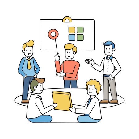 Team brainstorming meeting at a table with whiteboard illustrationのイラスト素材