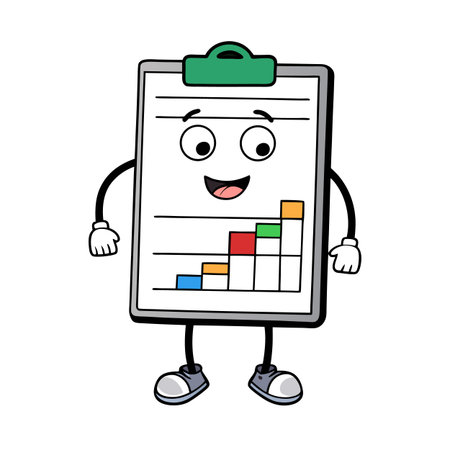 Cartoon clipboard character shows growing business graph chart visuallyのイラスト素材