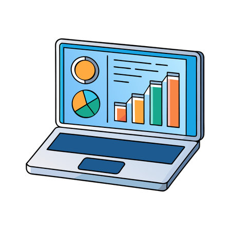 Cartoon laptop displaying business data, growth, and statisticsのイラスト素材
