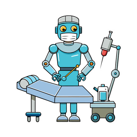 Cartoon robot doctor standing near medical bed with syringeのイラスト素材