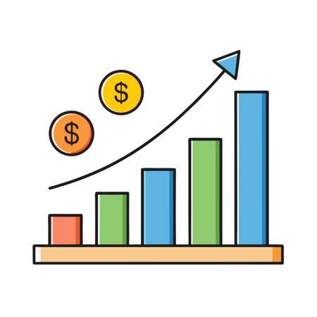 Rising bar graph with upward trend line and dollar coinsのイラスト素材
