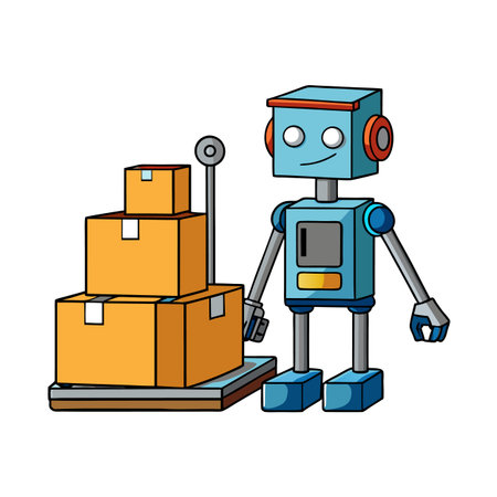 Friendly robot weighing boxes cartoon illustration for delivery conceptのイラスト素材