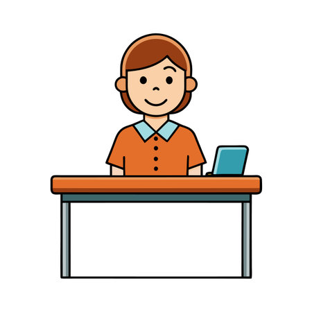 Cartoon woman at desk using computer for workのイラスト素材