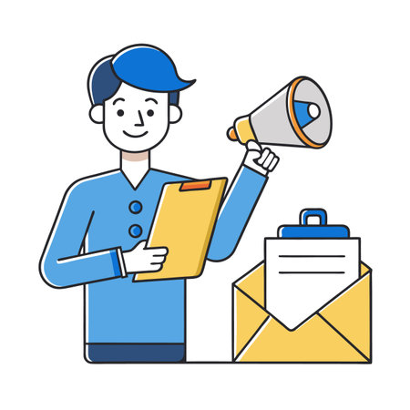 Cartoon promoter with megaphone and email communication promotion conceptのイラスト素材