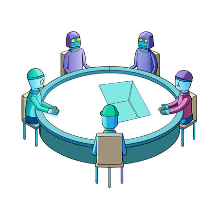 Robotic team discussing strategy at circular futuristic conference tableのイラスト素材