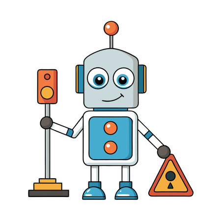 Cute cartoon robot with traffic light and warning signのイラスト素材