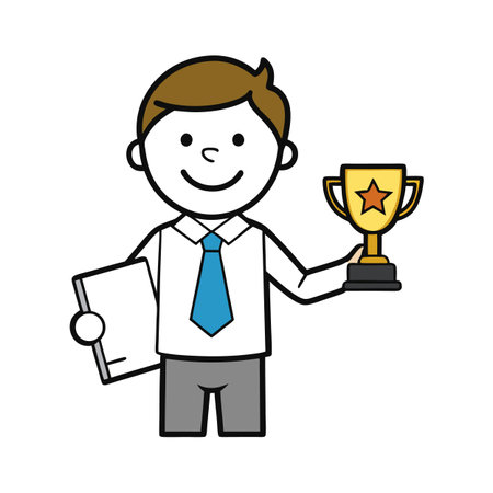 Cartoon businessman holding trophy and document celebrating success conceptのイラスト素材