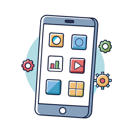 Cartoon smartphone illustration displaying app icons and gearsのイラスト素材
