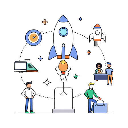 Startup launch concept illustration with digital communication and teamworkのイラスト素材