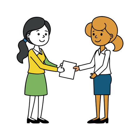 Two businesswomen exchange documents in a professional illustrationのイラスト素材