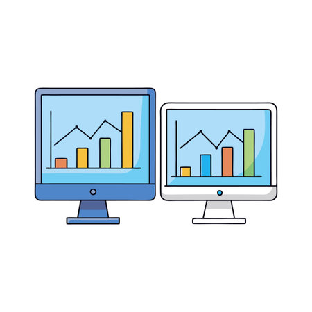 Two desktop computers display data charts and graphsのイラスト素材