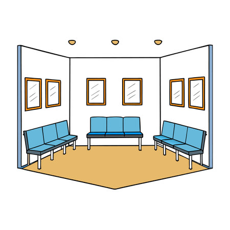 Waiting room interior with benches and picture frames illustrationのイラスト素材