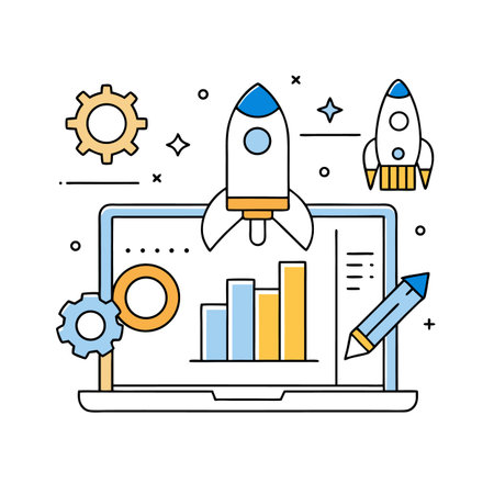 Startup development on laptop screen with rocket and gearsのイラスト素材