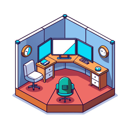 Isometric workstation setup with multiple monitors and office furnitureのイラスト素材