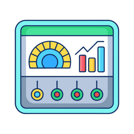 Dashboard interface displaying charts, gauges, and status indicatorsのイラスト素材